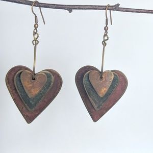 Artisan Brass Heart Earrings Handmade Patina
